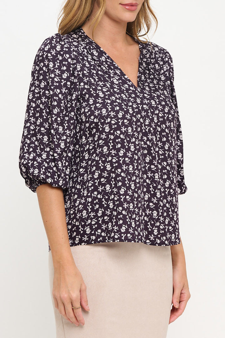 Floral Print V neck 3/4 Sleeve Top-2