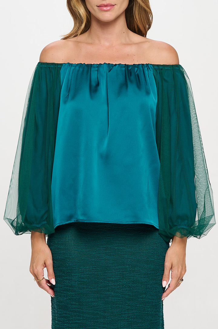 Solid Satin Front Versatile Top with Mesh Sleeve-1