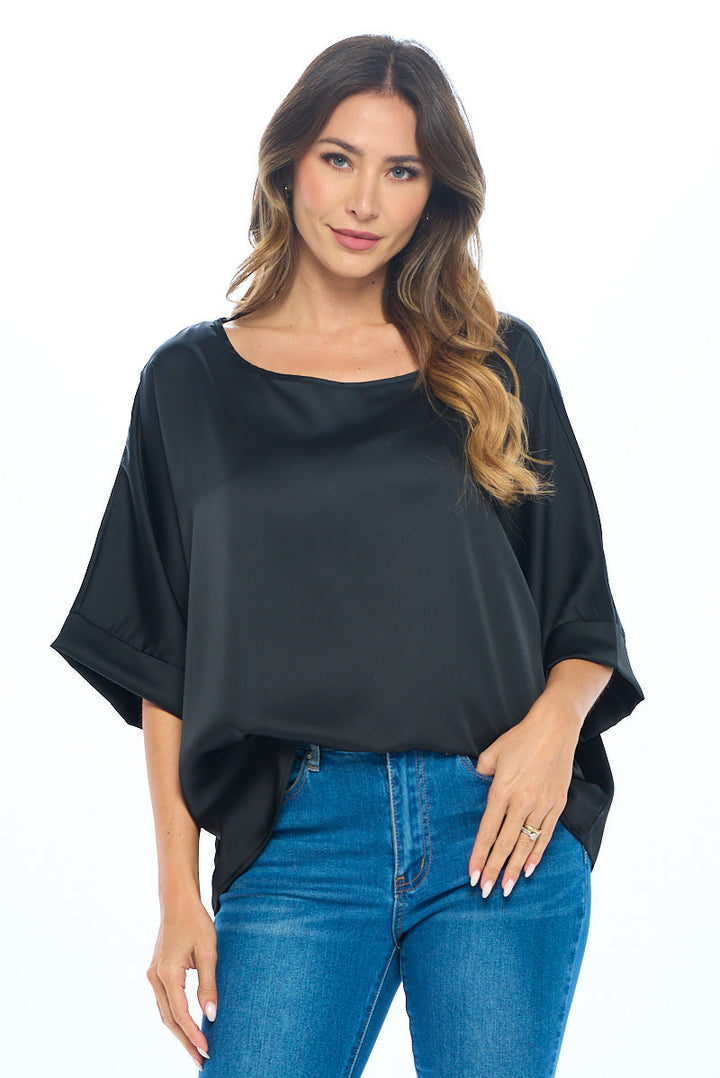 Stretch Satin Solid Round neck Oversize Top-1