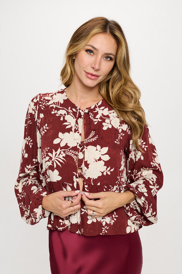 Floral Print Top with Front Tie Detail-0