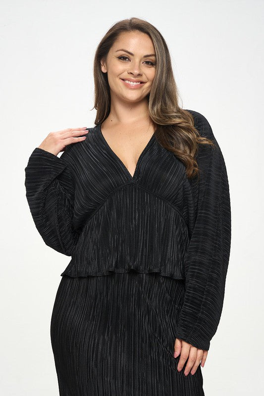 Plisse V neck Top with Balloon Dolman Sleeve-0
