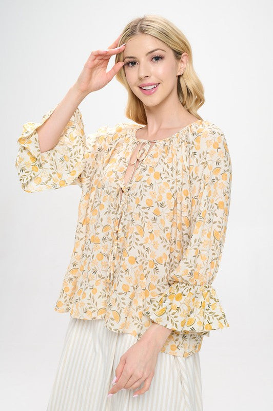 Lemon Print Cuffed Sleeve Top with Open Front Tie-2
