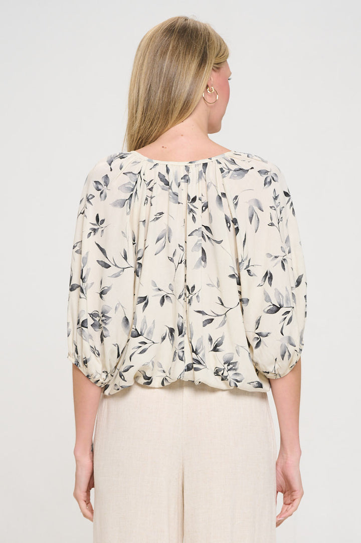 Floral Print V neck 3/4 Sleeve with Tie-3