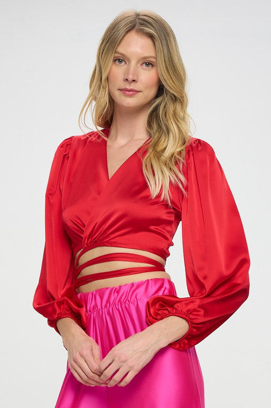 Silky Satin Wrap Crop Top with Tie-1