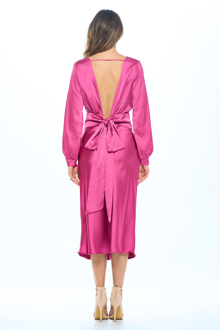 Stretch Satin Solid V neck Top with Open Back-4