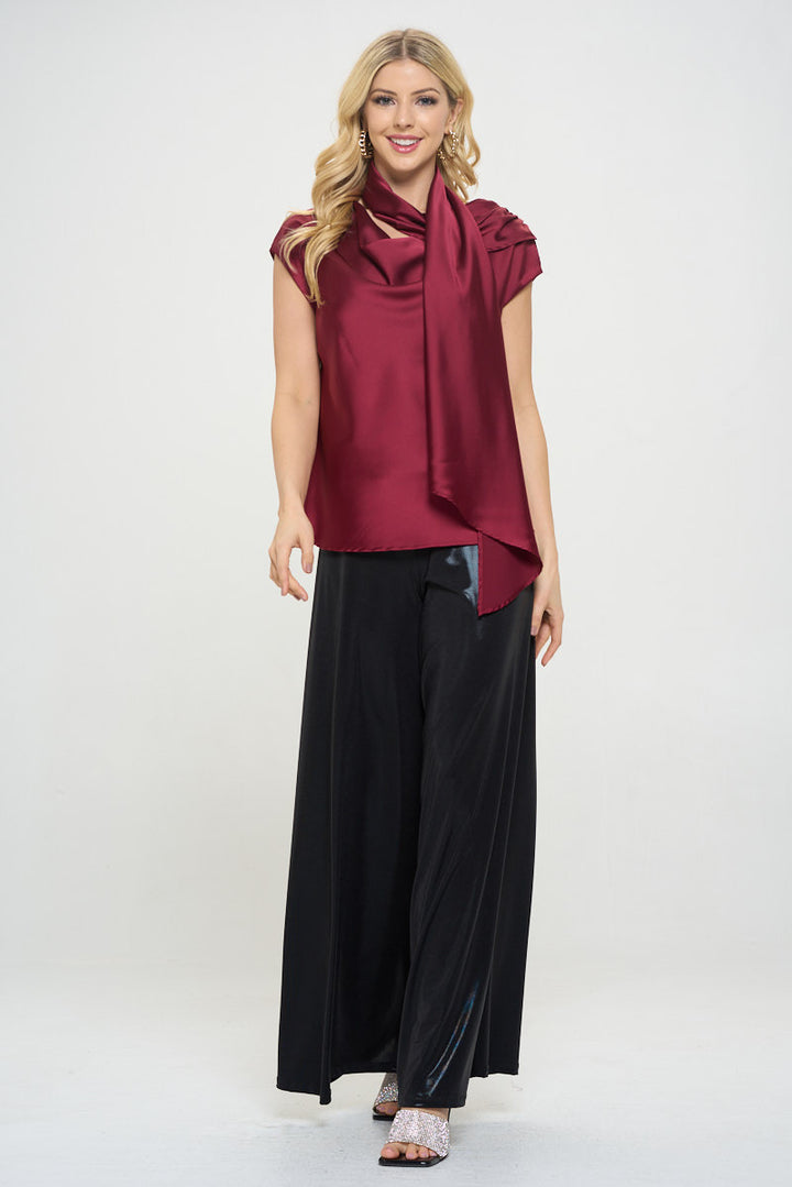 Satin Cowl Neck Short Sleeve Top with Scarf Detail-4