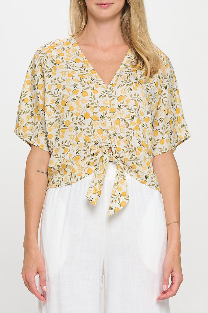 Linen Floral Print V neck Top with Front Tie-1