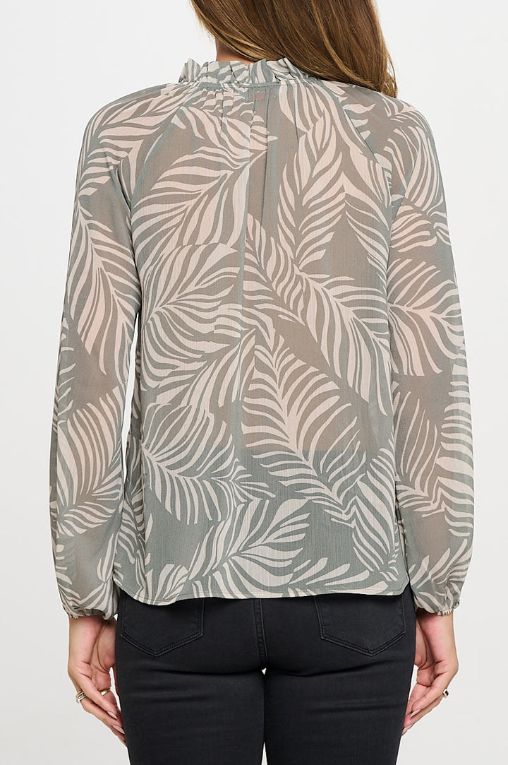 Print Sheer Ruffle Mock Neck Top-3