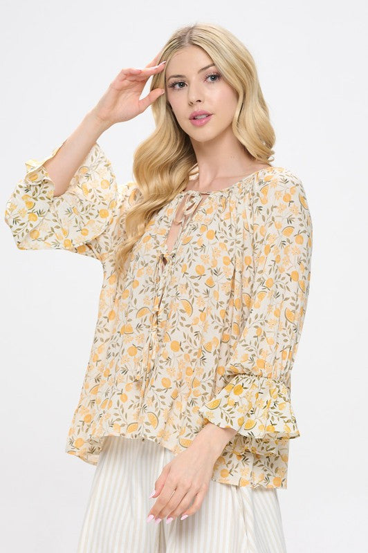Lemon Print Cuffed Sleeve Top with Open Front Tie-0