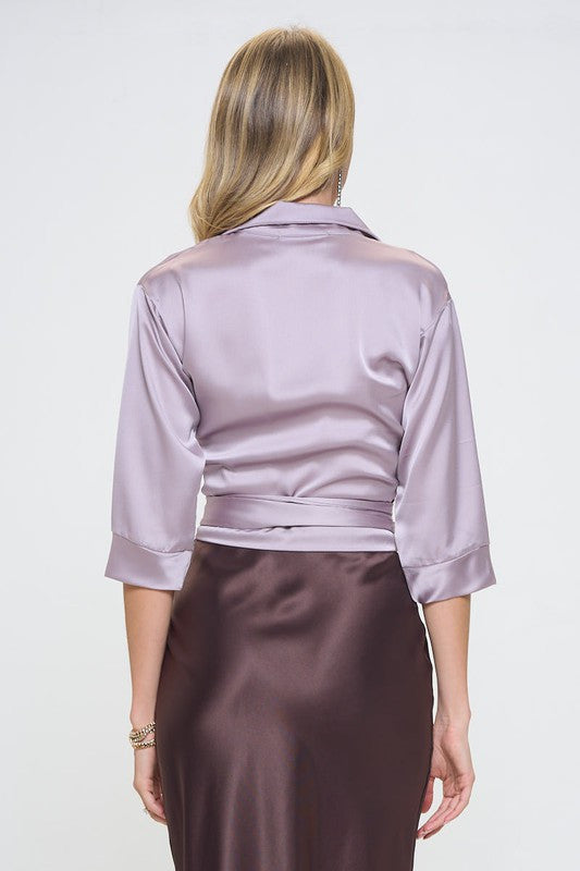 Silky Satin Collared V neck Wrap Top with Tie-3