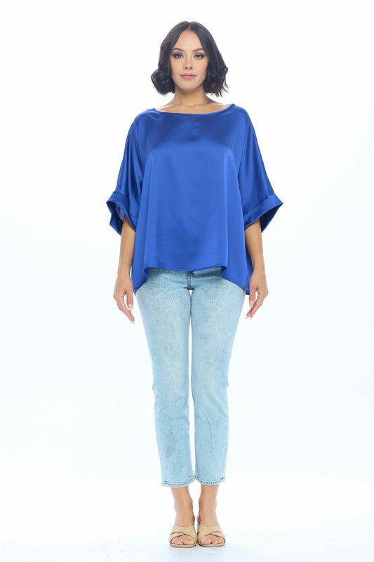 Stretch Satin Solid Round neck Oversize Top-2