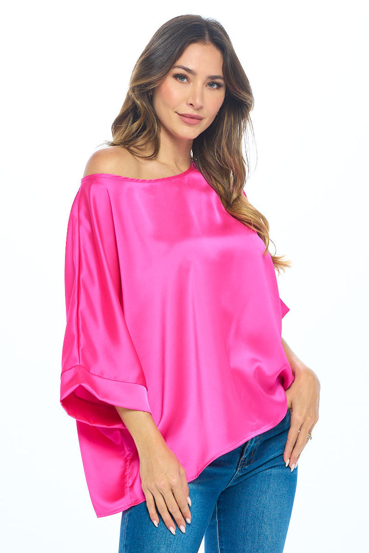 Stretch Satin Solid Round neck Oversize Top-1