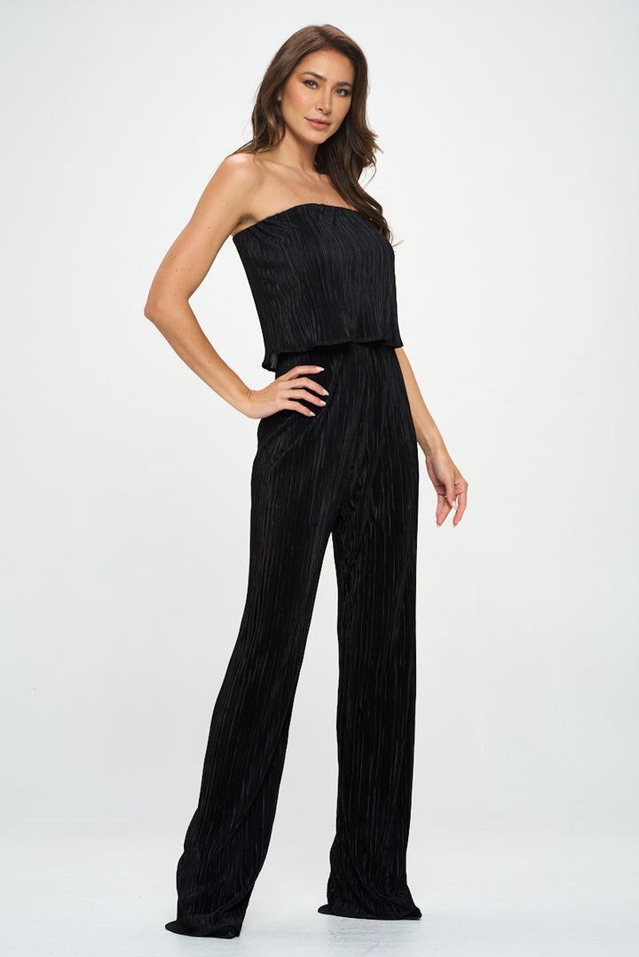 Plisse Solid Strapless Straight Leg Jumps-3