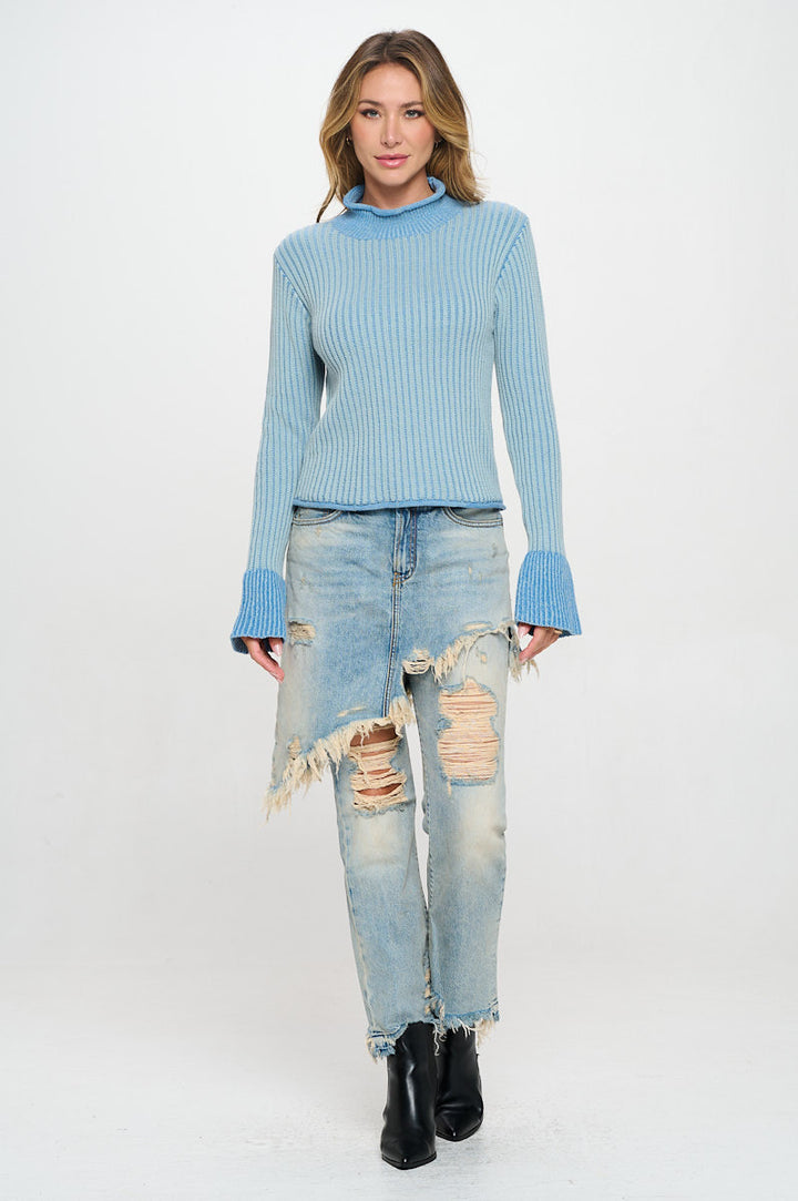 Cotton Knit Mock Neck Sweater with Colorblock Sleeve Detail-4