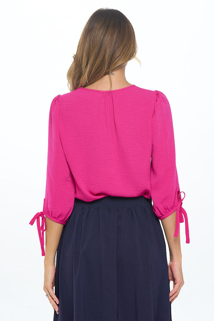 Solid V neck 3/4 Sleeve Top with Sleeve Tie-3