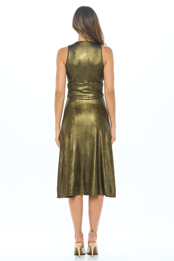 Metallic Solid Deep V Neck Lined Dress with Slit-5