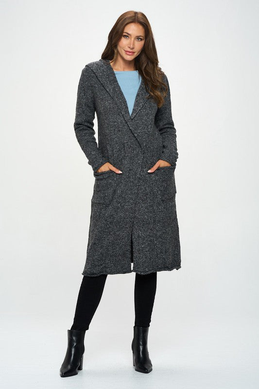 Charcoal Knit Open Front Cardigan Sweater with Pockets and Hood-1