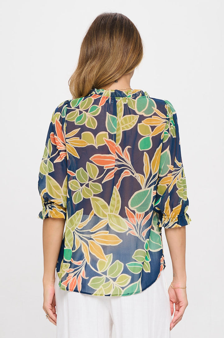 Semi Sheer Leaf Print 3/4 Sleeve Top with Tie-3