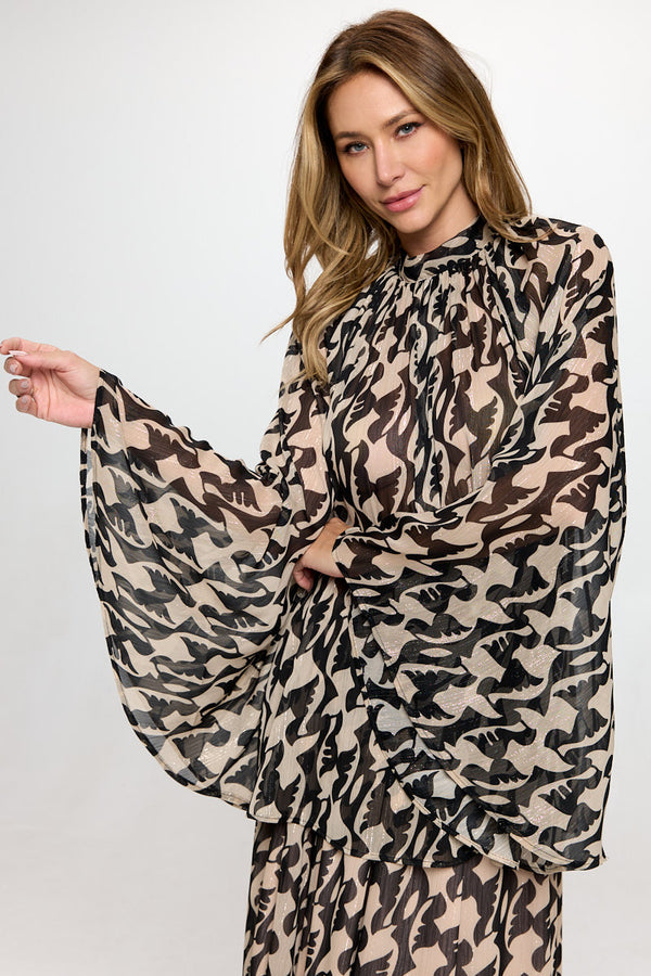 Print Sheer Long Bell Sleeve Top with Back Tie Detail-0