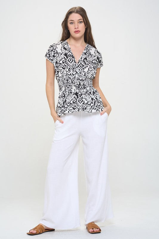 Cotton Print V neck Short Sleeve Kimono Top-4