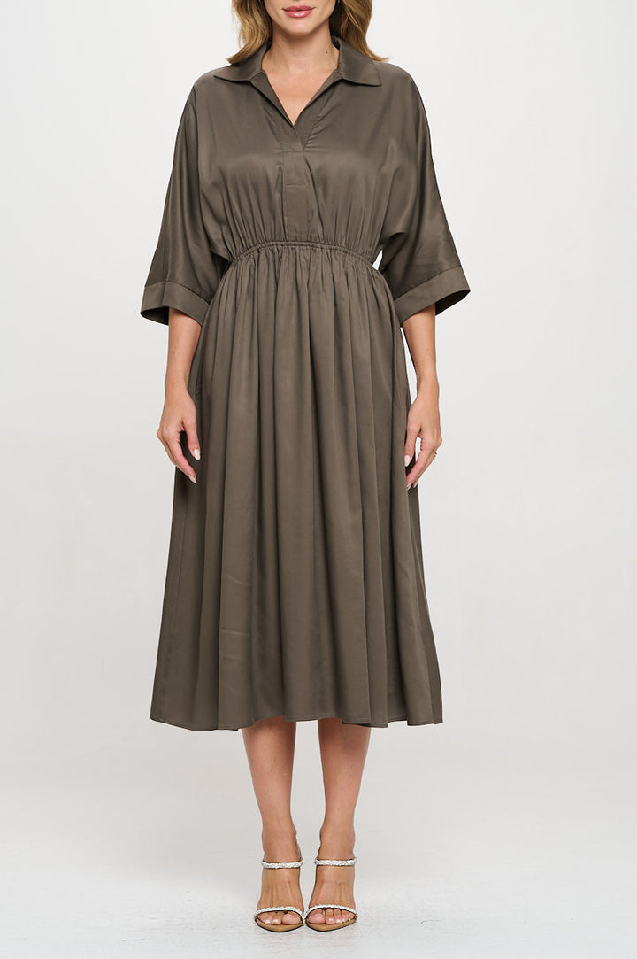 Tencel Collared V neck Midi Dress with Pockets-1