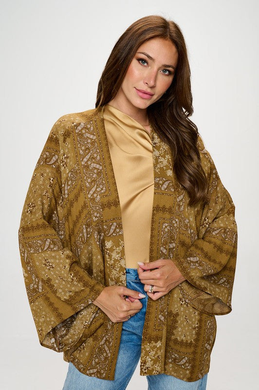 Boho Patch Print Open Front Kimono Cardigan-0