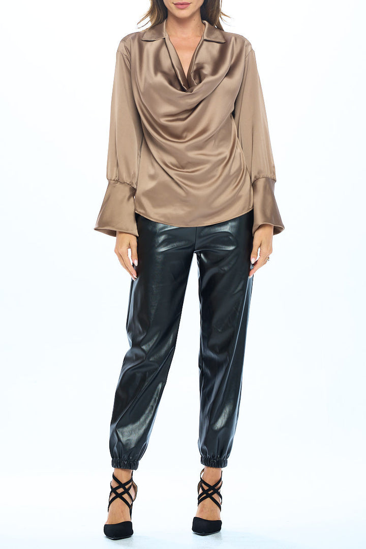 Satin Collared Cowl neck Top with Split Cuff-3