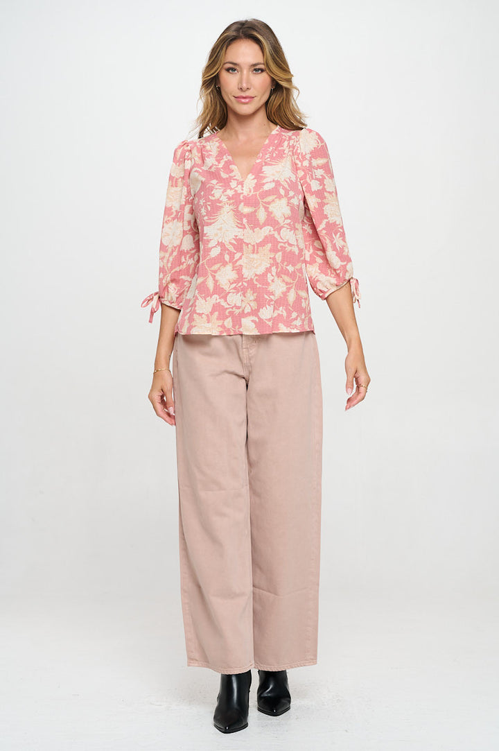 Floral Print V neck Top with Sleeve Tie-4
