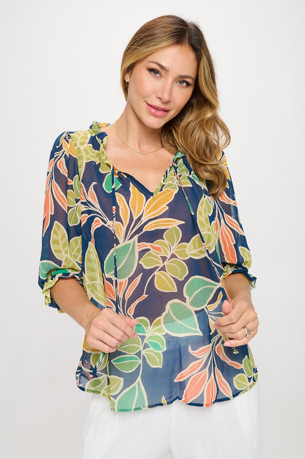 Semi Sheer Leaf Print 3/4 Sleeve Top with Tie-0