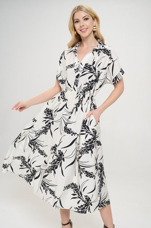 Print Collared V neck Midi Dress with Pockets-0
