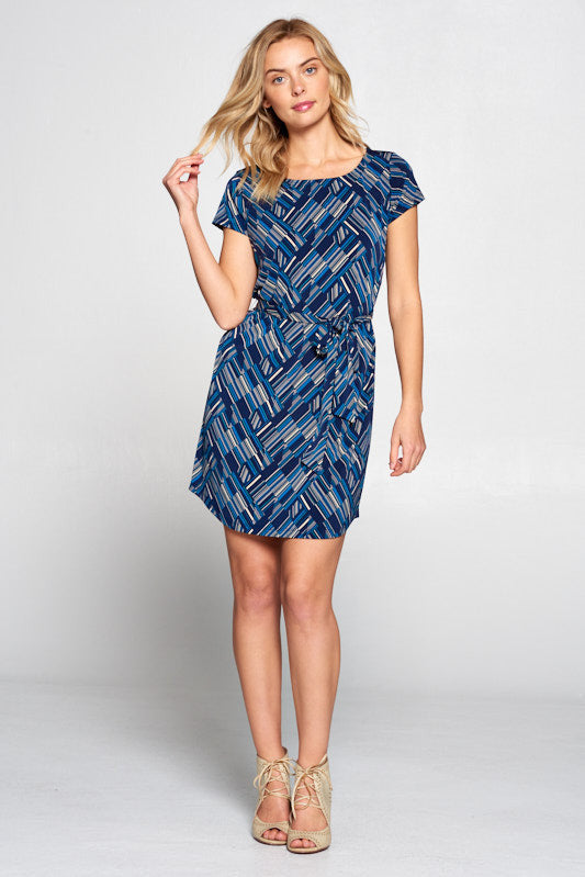 ABSTRACT LINE PRINT DRESS WITH WAIST TIE-0