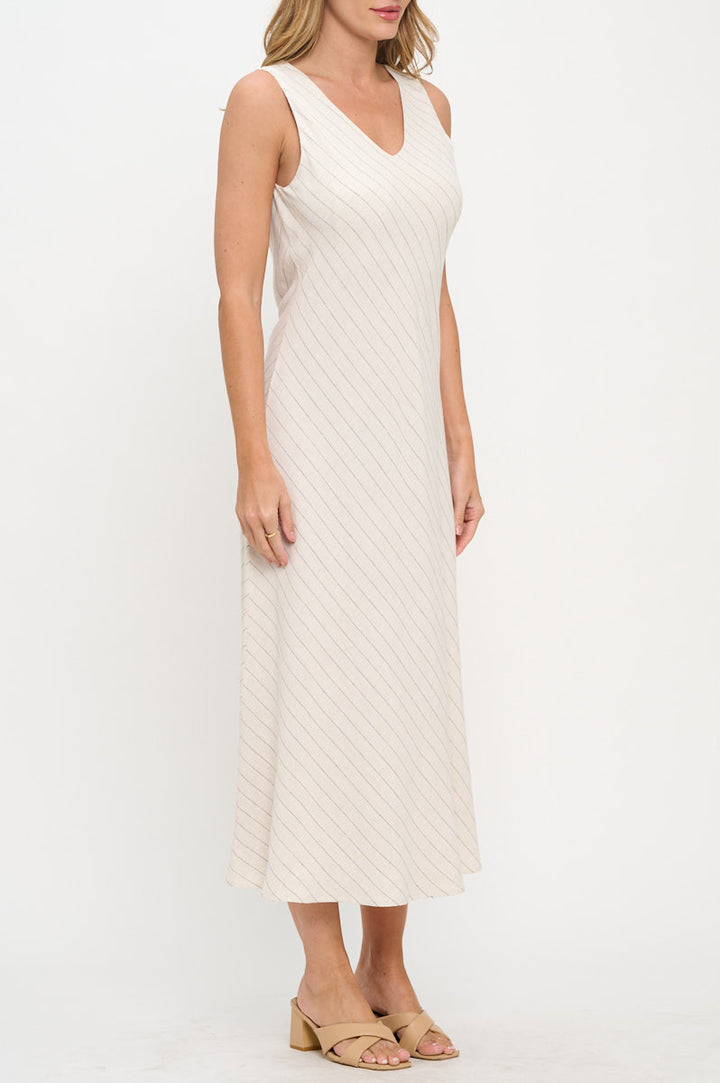 Linen Striped V neck Midi Dress-2