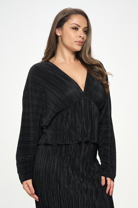 Plisse V neck Top with Balloon Dolman Sleeve-2