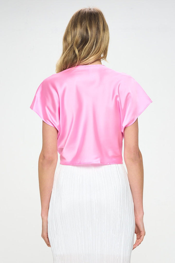 Satin Short Sleeve Top with Front Twist-4