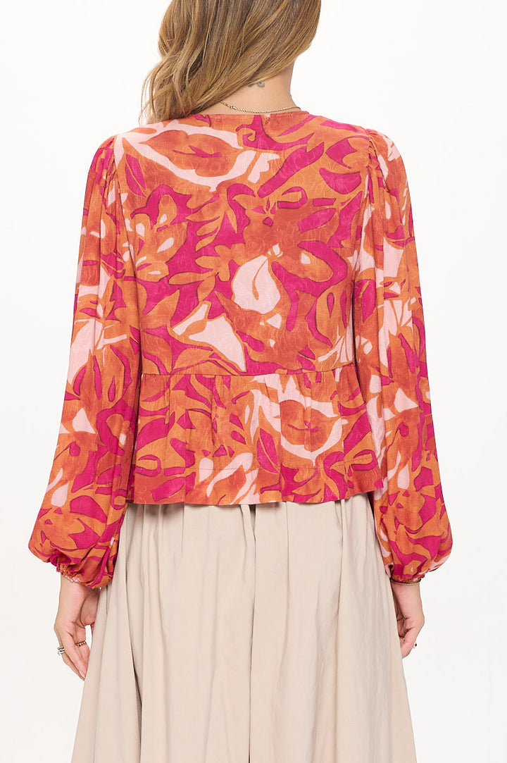 Leaf Print Long Puff Sleeve Top with Front Tie Detail-3