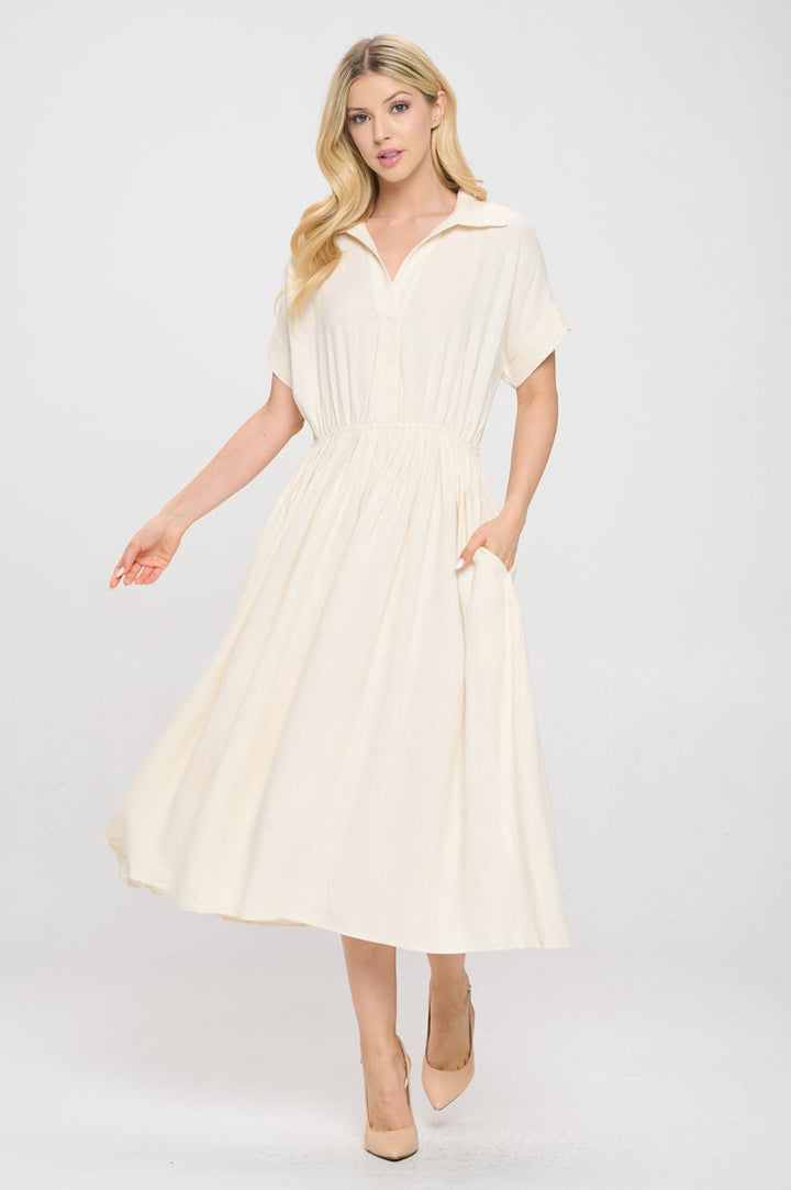 Linen Solid Collared V neck Dress with Pockets-2