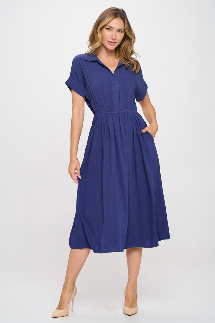 Linen Solid Collared V neck Dress with Pockets-2