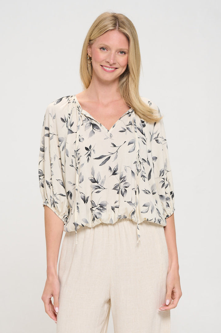 Floral Print V neck 3/4 Sleeve with Tie-1