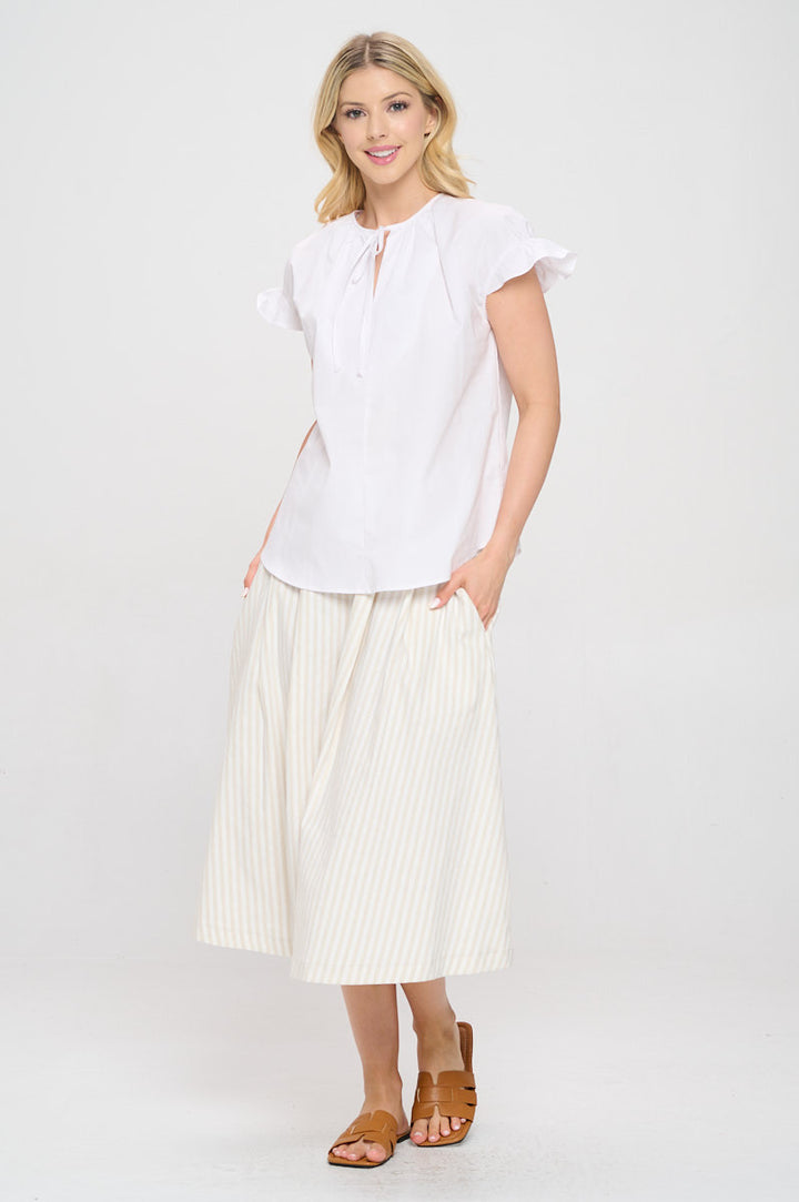 Cotton Solid Short Sleeve V neck Top with Tie-4