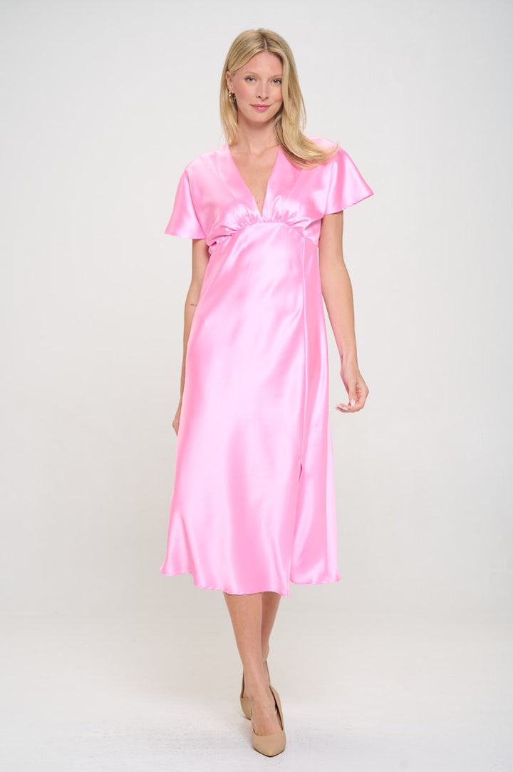 Solid Satin V neck Midi Dress with Slit-2