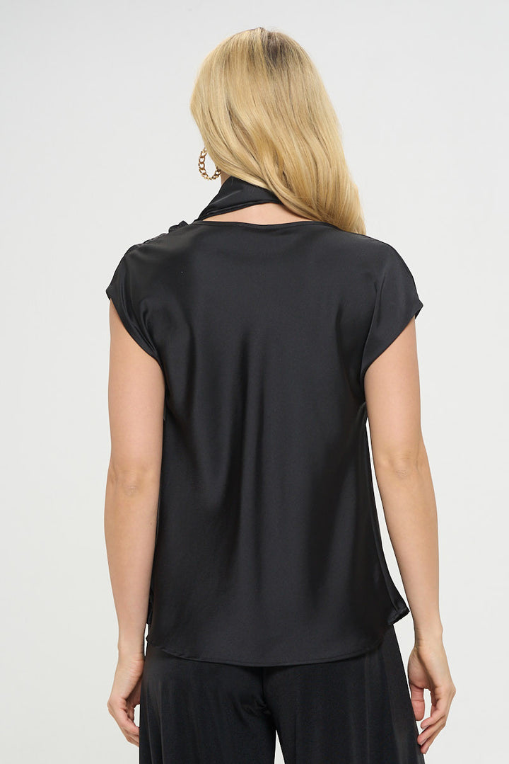 Satin Cowl Neck Short Sleeve Top with Scarf Detail-3