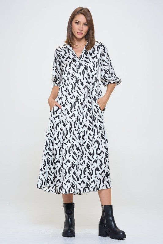 Print Collared V neck Tiered Dress with Pockets-2