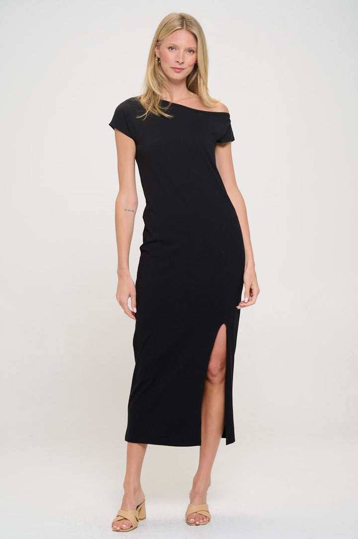 Solid Off the Shoulder Maxi Dress with Slit-1