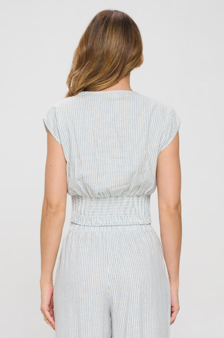 Striped Print V neck Crop Top w Smock Back Detail-3