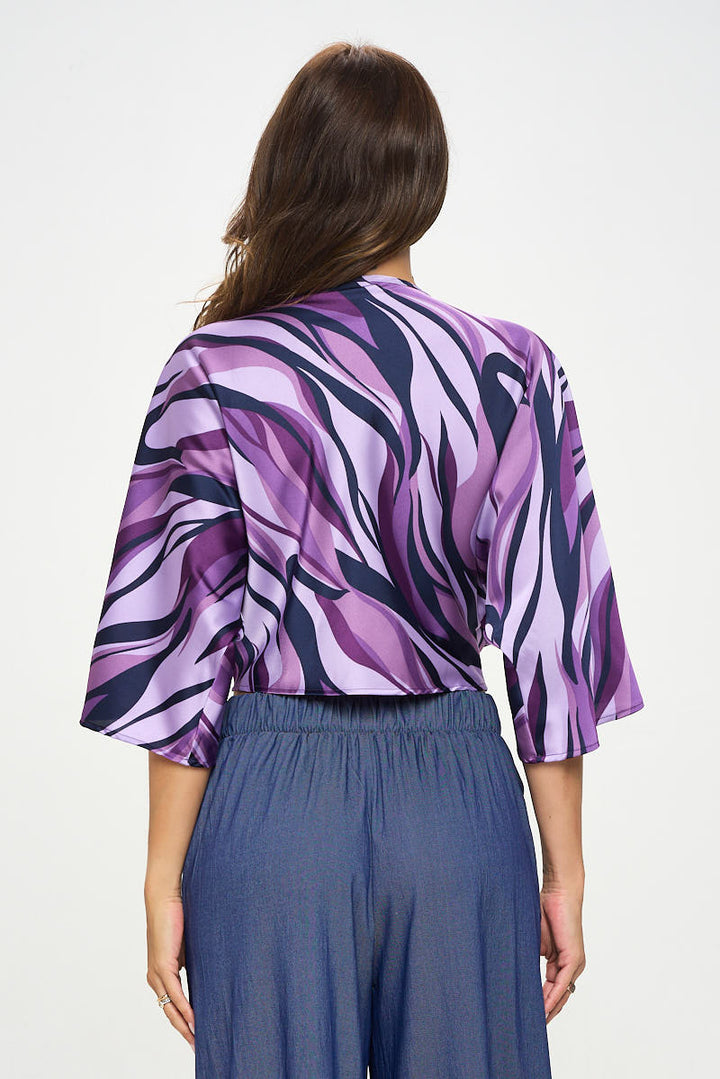 Multi Print Satin Mid Sleeve Top with Front Twist-3