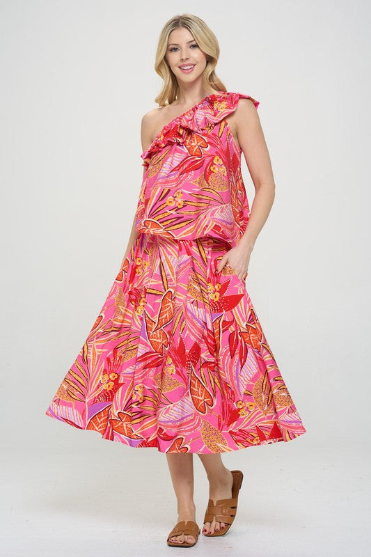Tropical Leaf Print One Shoulder Top with Ruffle Neckline-4