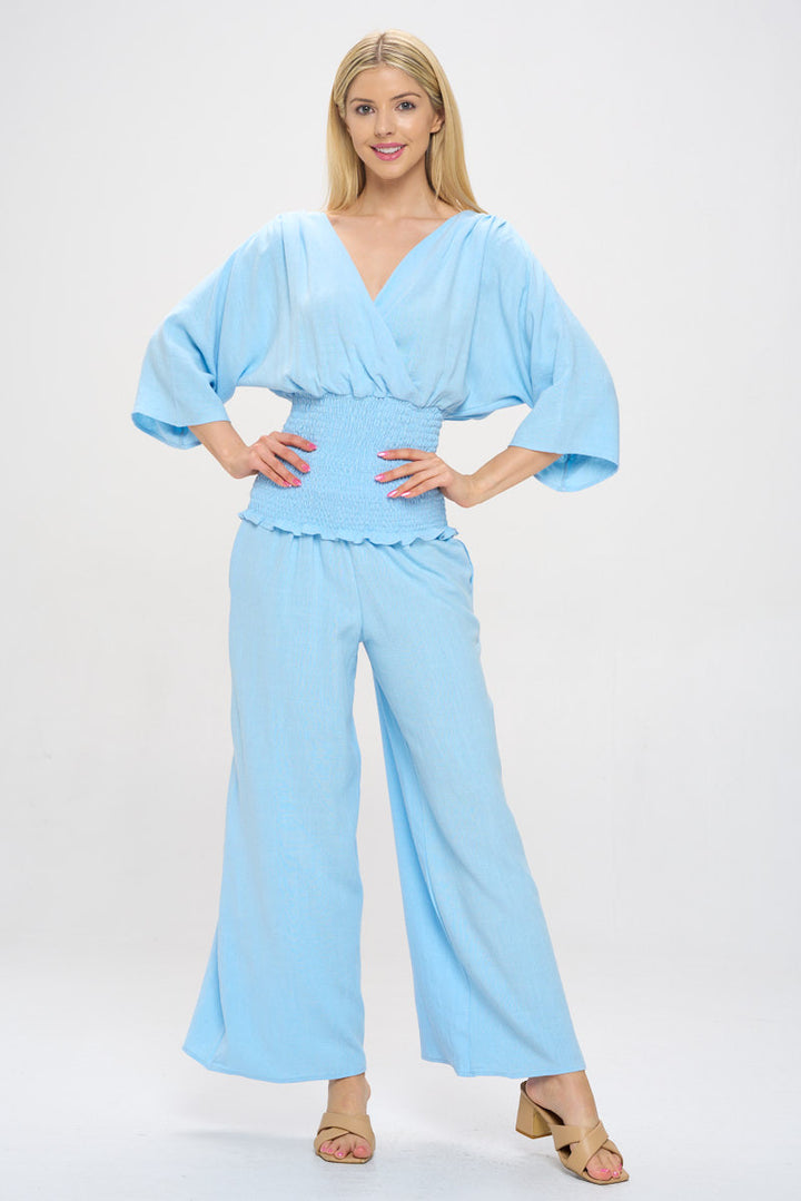 Linen V neck Smocked Dolman Sleeve Top-4