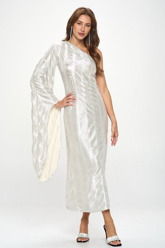 Metallic One Shoulder Bell Sleeve Maxi Dress-2