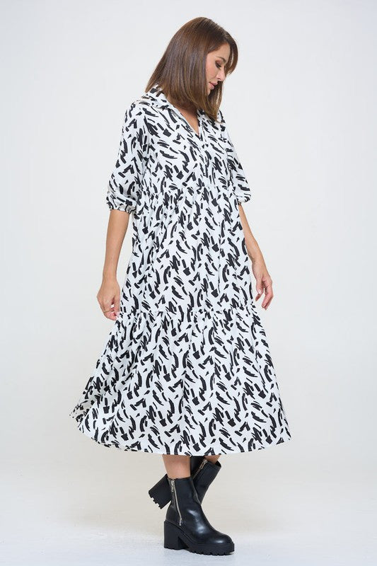 Print Collared V neck Tiered Dress with Pockets-1