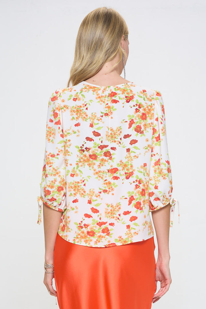 Flower Print V neck Top with Self Tie Sleeves-3